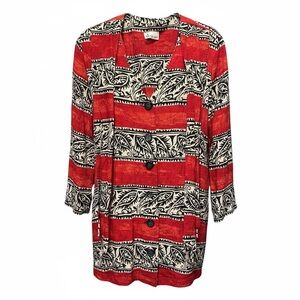Vintage Justin B Jones Women’s Red and Black Patterned Button-Up Blouse Size L